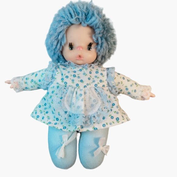 Rag Doll Blue Yarn Hair Floral Dress Freckles Patapufa Vintage 1970 Greek 8 inch - Picture 1 of 5
